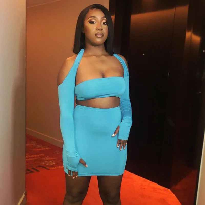 

Blingirl Sleeve Strap Backless Hollow Out Solid Two Pieces Sets Mini Dress Crop Tank Top Stretchy Summer Casual Clothing, Blue