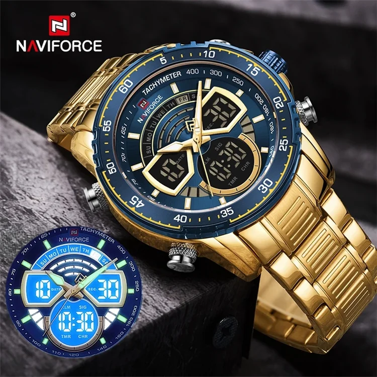 

Luxury NAVIFORCE 9189 Analog Quartz Digital Wrist Watch for Men Bright Backlight Gold Watches NAVIFORCE Sports Waterproof Watch
