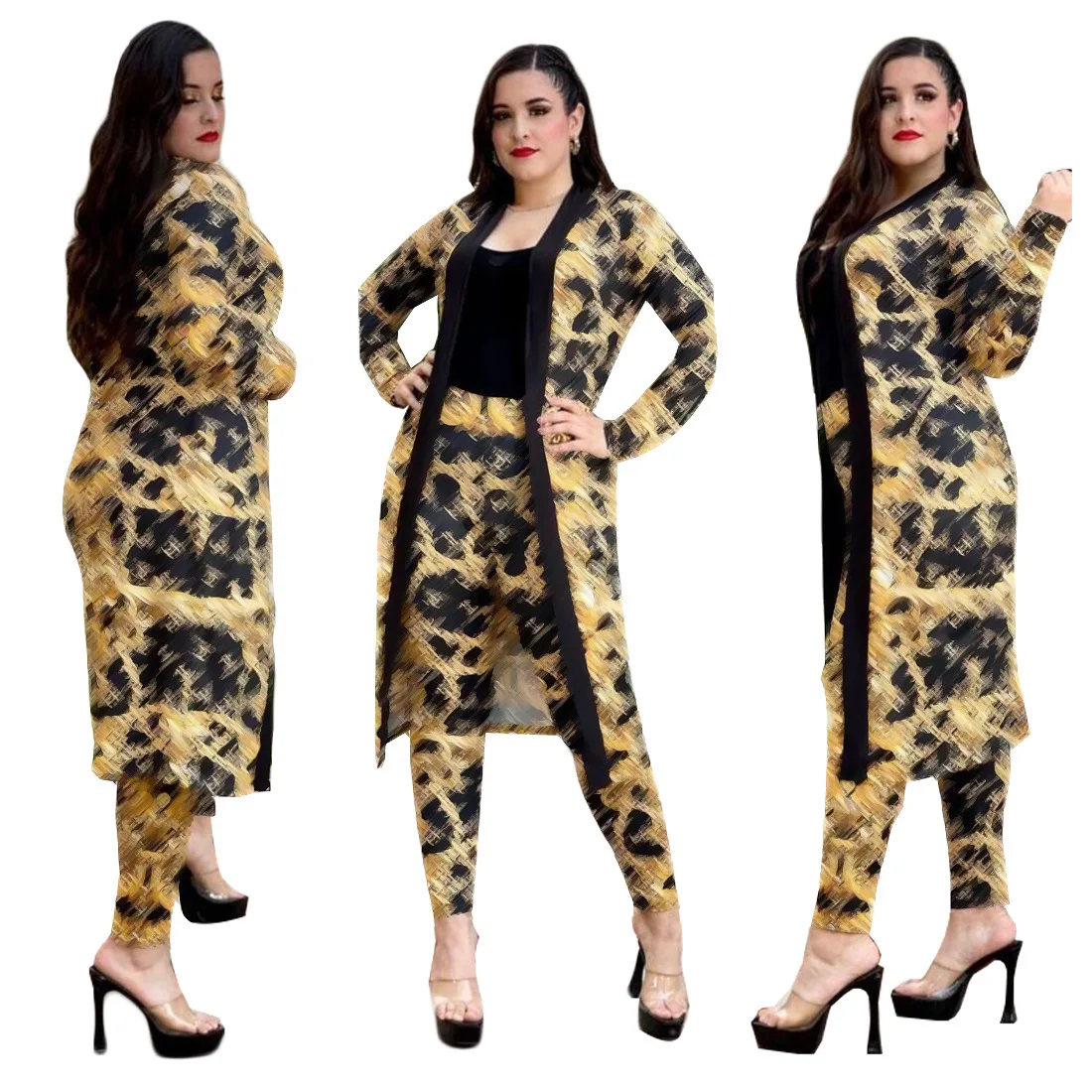 

Hot sale J2547 European and American women's clothing brand long rich and honorable printed cloak jacket + pants two-piece suit