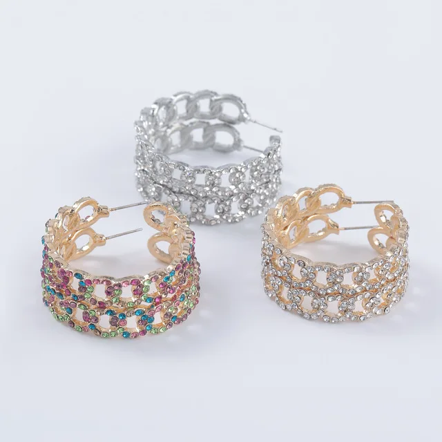 

C&J 3 Colors Creative 18K Gold Plated Hollow Geometric Multi-layer Bling Rhinestone Diamond Hoop Earrings For Party