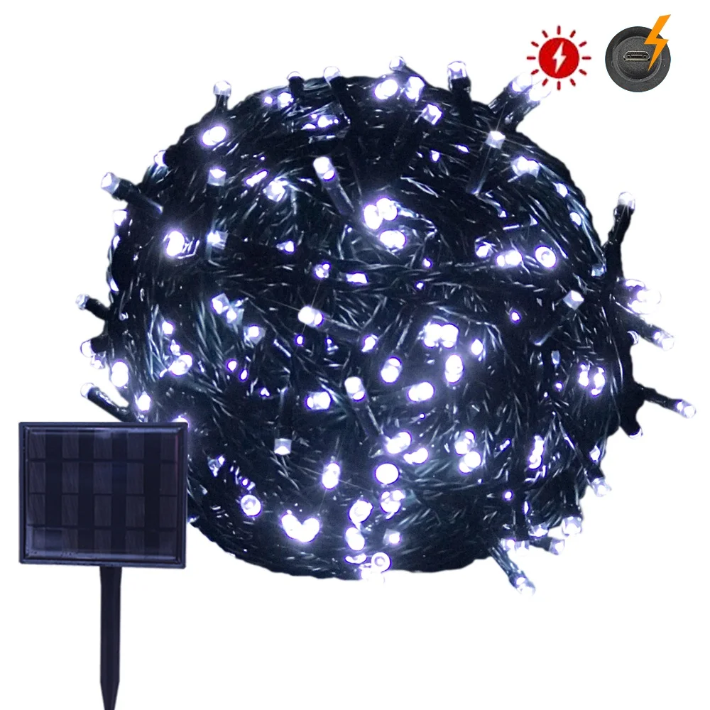 8 Modes 100 LED IP67 Waterproof Solar Fairy Lights 10M Solar Rope Lights Outdoor String Lights Powered by Solar and Battery