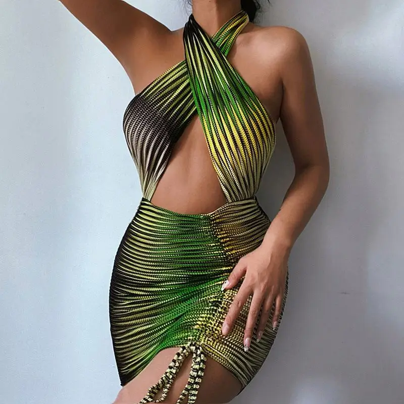 

2021 summer short dresses sexy bodycon halter mini drawstring club wear woman elegant casual dresses