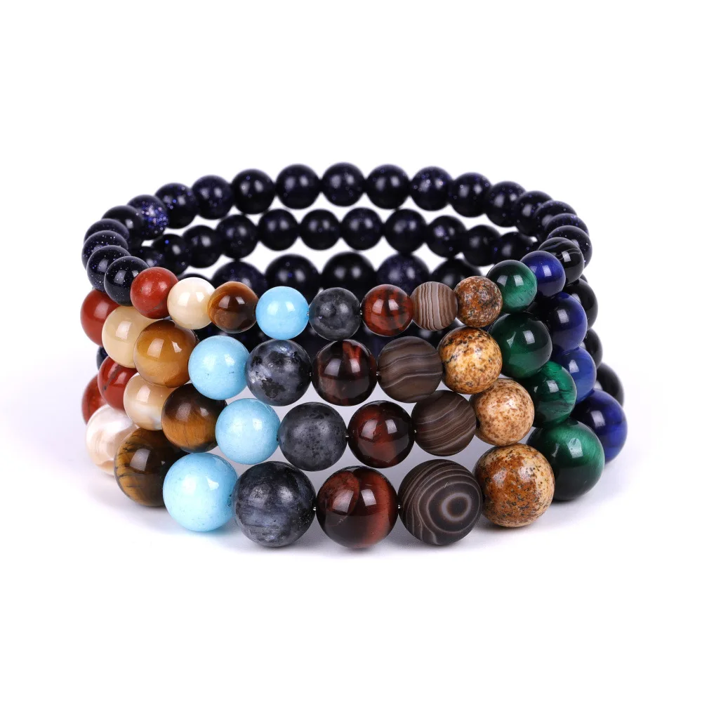 

Natural blue sand stone star space solar system planet bracelet Yoga Wheel Galaxy Sun Lover System for men and women, Picture