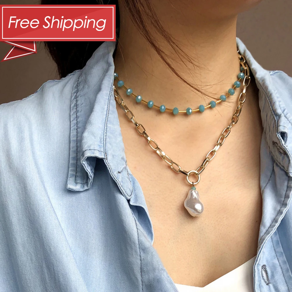 

USA Free Shipping new double layered chain crystal beads choker women pearl bohemian necklace, As the picture shown