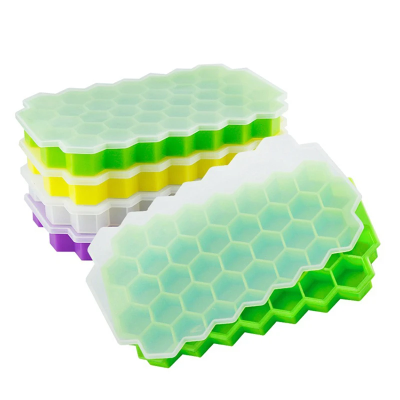 

Easy to Release 37 Grids Honeycomb Shape Silicone Ice Cube Tray With Lid For Coffee Whiskey Cold Drink, Red,yellow,green,purple,blue,transparent