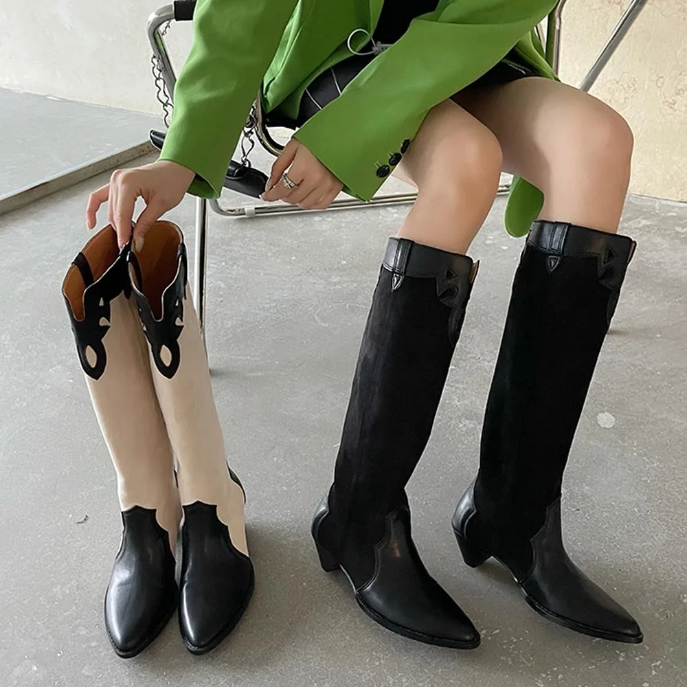 

Sexy Pointed Toe Patchwork Western Cowboy Boots Women 2021 New Design Long Knee Riding Knight Boots Slip-on Shoes Women Size 40