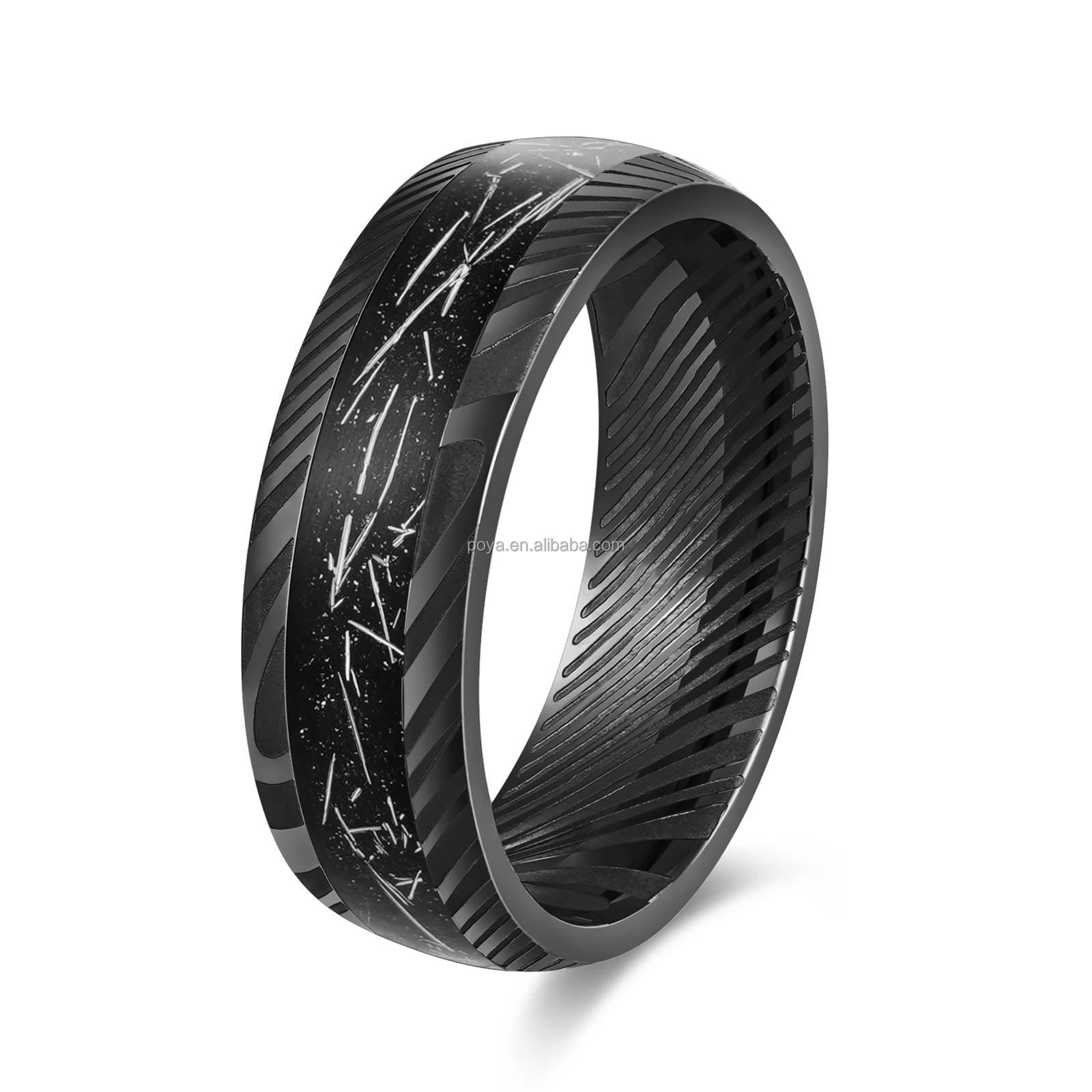POYA Men's Ring Black 8mm Meteorite Inlay Stainless Steel Ring Etch Damascus Steel  for Mens Wedding Band Fashion Jewelry