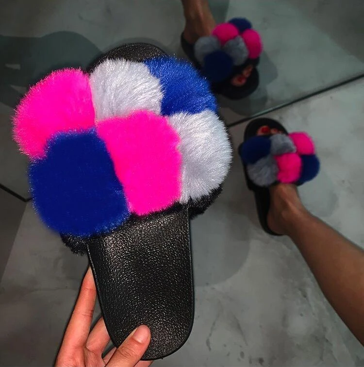

Wholesale Vendor Fashion 2021 Lady Furry Fur Slides Pom Pom Ball Flip Flops Fluffy Sandals Faux Fur Slippers For Women, As pictures or customized color