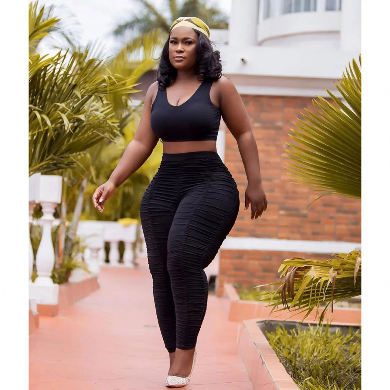 

Fall winter elastic black full length sexy stacked plus size pants for women 2 Piece set women