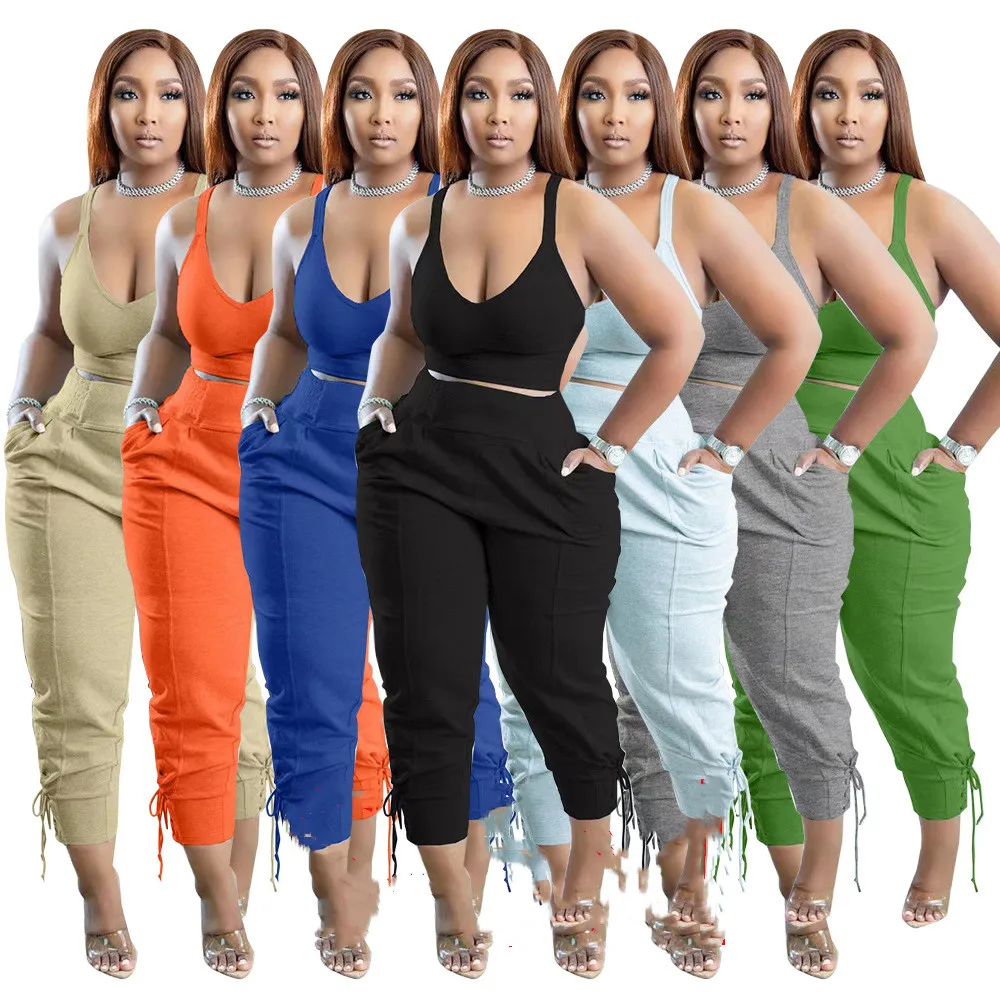 

Ph13287 Small Sweater High Quality Fabric Solid Color Vest Strap Two Piece Set S-5Xl Women Lounge Wear 2 Piece Outfit