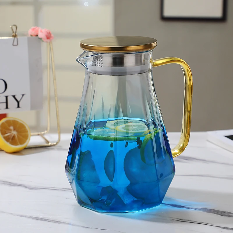 

Stocked Hand Blown Glass Water Pitcher with Bamboo Lid For Cold Beverage, Customized color