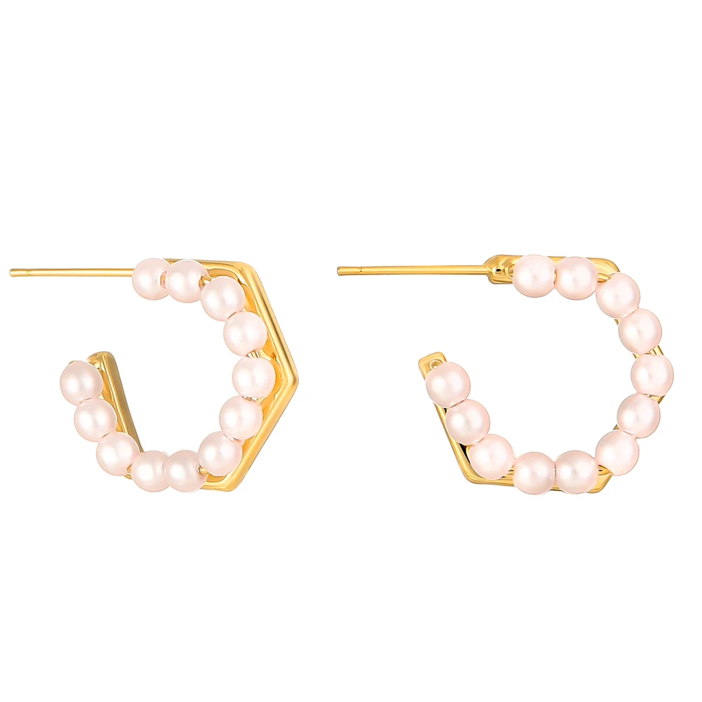 

11 Summer Gold Brass Post Hoop Earrings Geometric Full Pearl Post Hoop Earrings