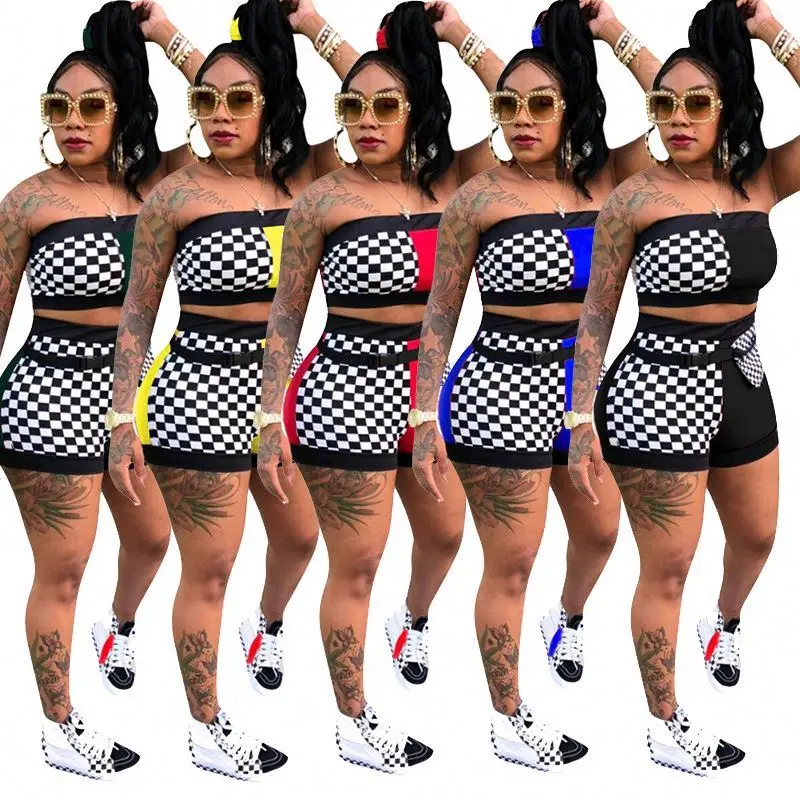 

2021 Summer New Crop Tube Tops Ribbed Summer Sexy Plaid 2 Pcs Plaid Crop Tops Sports Two Piece Outfits Women Short Sets