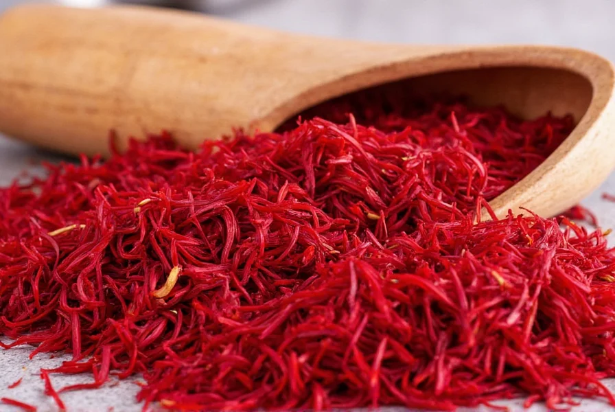 Close-up photograph of high-quality saffron threads showing deep red color with minimal yellow styles, displayed in a glass vial against a white background