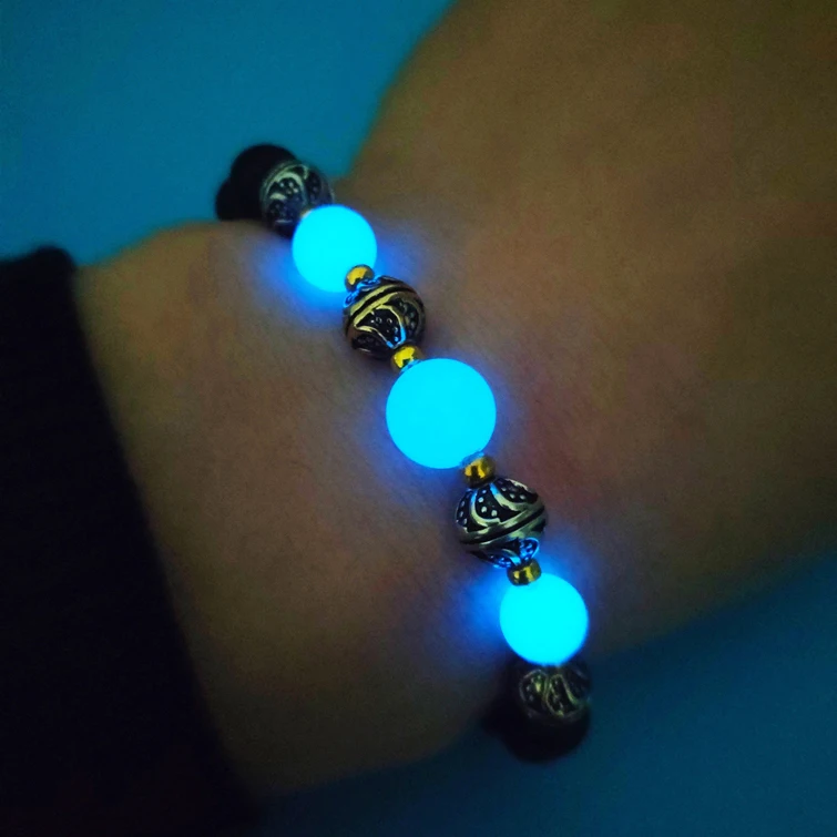 

New Natural Stones Luminous Glowing In The Dark Charm Bracelet For Women Yoga Prayer Buddhism Stretch jewelry, Blue/green