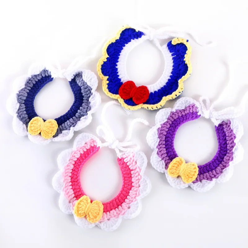 

2021 Hot Sale Adjustable Handmade Knit Cat Colorful Soft Scarf Dog Bandana Wool Collar Pet Bow Knot Pink Purple Blue Bib Collars, Pink blue purple grey