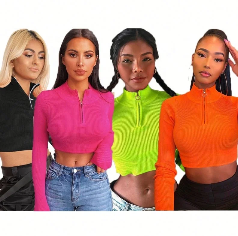 

newest fashion solid colors cute zipper long sleeve rib fabric crop top blouser woman casual T shirt