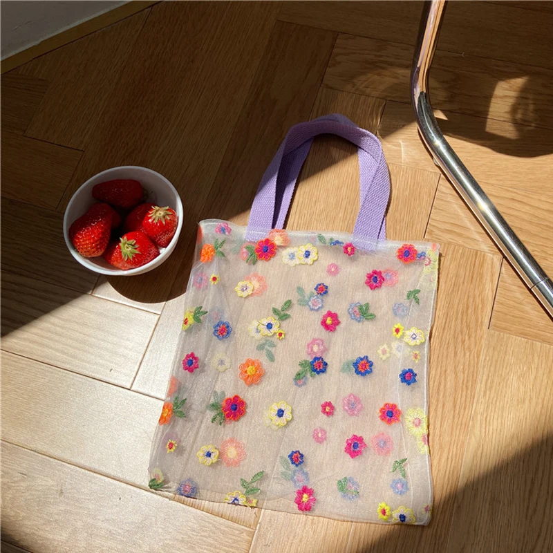 

Ladies custom embroidery floral bags cute girls flowers transparent shoulder tote bags, 4 colors for choose /customizable