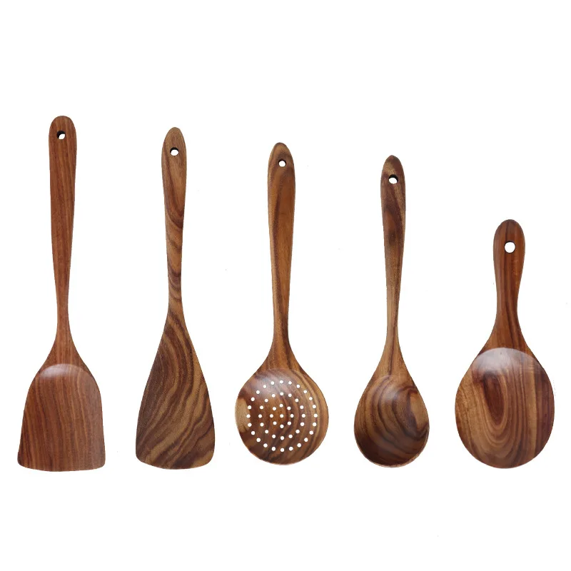 

ECO Natura Serial DIY101005 Teak Wooden Utensil Sets Lobular Acacia Wood Kitchen Tools Spatular Spoon 5pcs cooking kitchenwares, Natural wood color