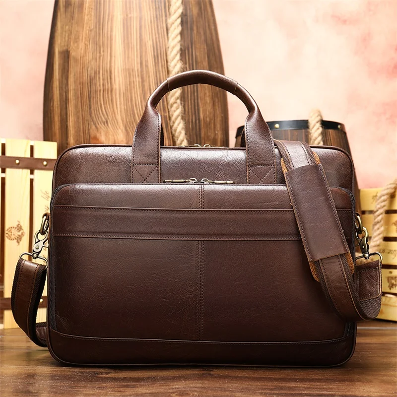 

8841 high quality custom design business office Computer 15 inch Genuine laptop men's bag leather for men Briefcase leather bags, Coffee