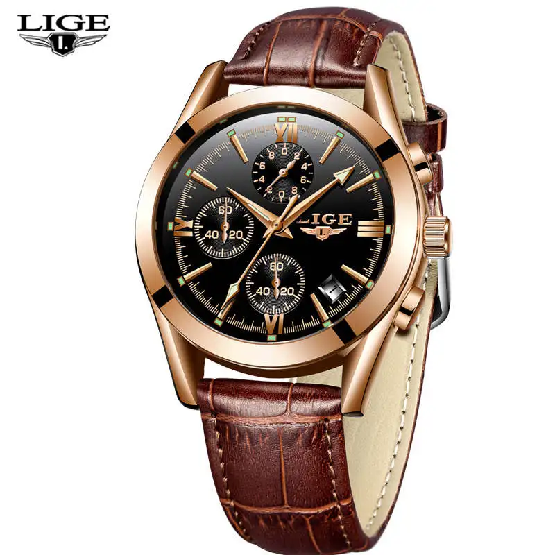 

Lige 9839 Casual Mens Waterproof Watches Luminous Calendar Man Leather Strap Quartz Watch