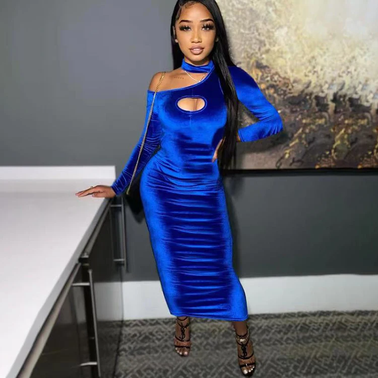 

Irregular Long Sleeve Solid Bodycon Bandage Party Club Dress One Shoulder Mock Neck Sexy Maxi Velvet Elegant Dress For Women, Blue,black,brown