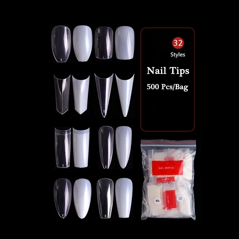 

500 Pcs/Bag French Various Sharpe Nail Art Tips For Manicure Natural Clear Color False Nails Use For Fingernail