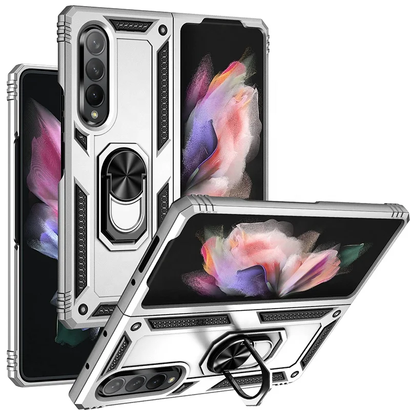 

360 Metal Ring Magnetic Kickstand Mobile Phone Back Cover 2 in 1 Hybrid TPU PC Phone Case for Samsung Galaxy Z Fold 3 Case, Multi colors