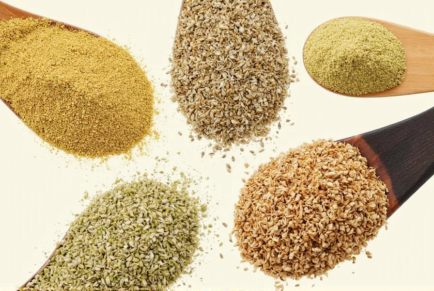 Close-up comparison of anise seeds and fennel seeds on wooden background showing visual differences