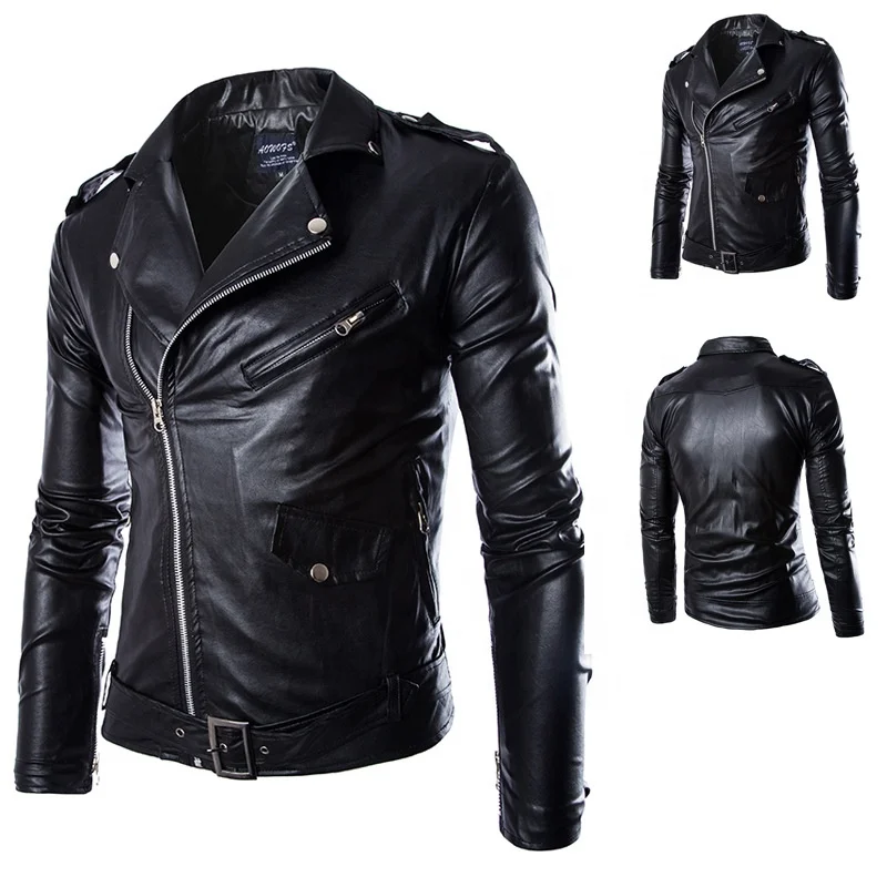 

2021 Fashion Casual Leather Solid Zipper Jacket Coat Men Biker Jacket