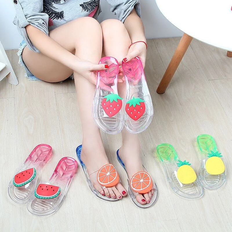 

Fashion Ladies Fruit Slippers Crystal Flat Shoes non-slip Comfortable Summer Lady Plastic Fruit Sandals Woman Jelly Shoes, As the picture show