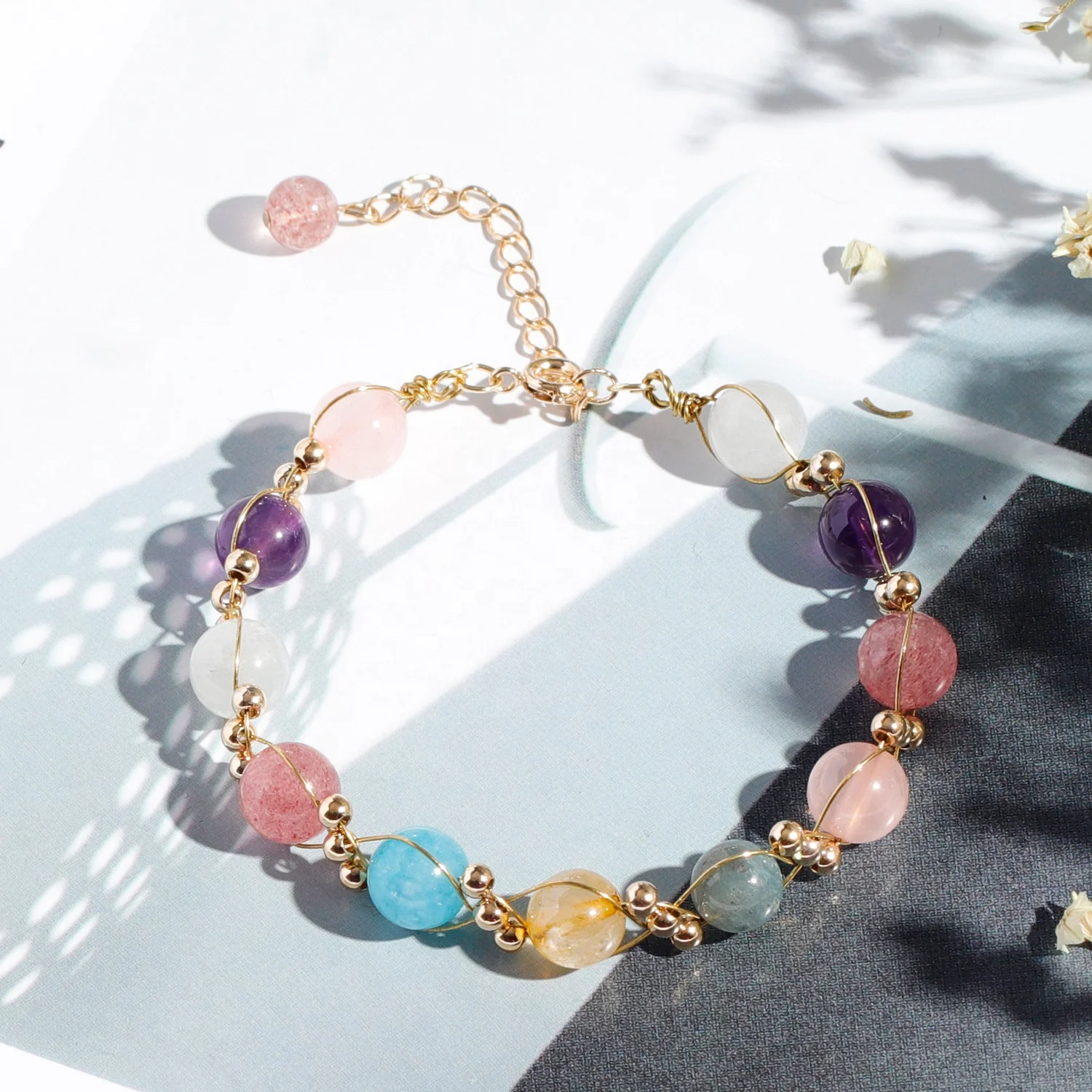 

2021 New Cute Baroque Natural Crystal Brecelets 14K Gold Plated Colorful Bead Adjustable Bracelet For Girls, 1 color