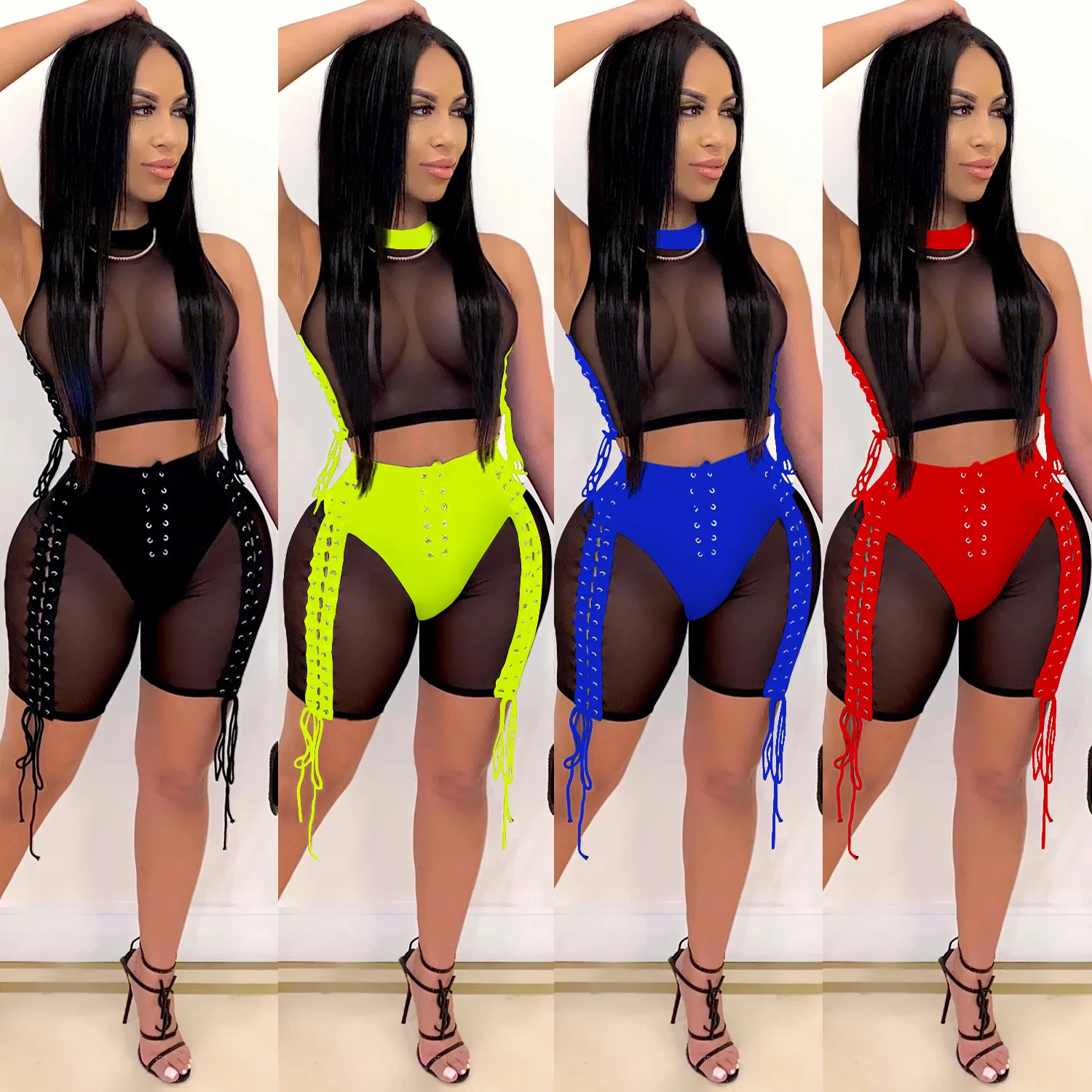 

New Product European Fashion Set Two Piece See through Bandage Gauze Sexy Set Women Club Set, Picture color