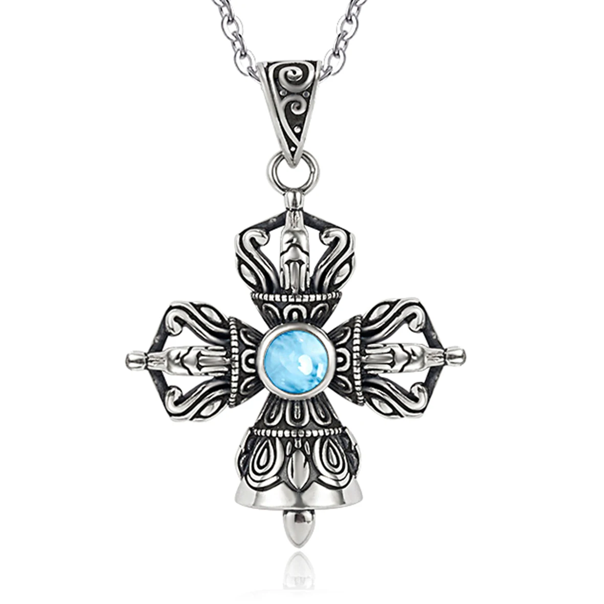 

Antique Vintage Silver Jewelry Blue Natural Larimar fleur-de-lis Pendant in 925 Sterling Silver