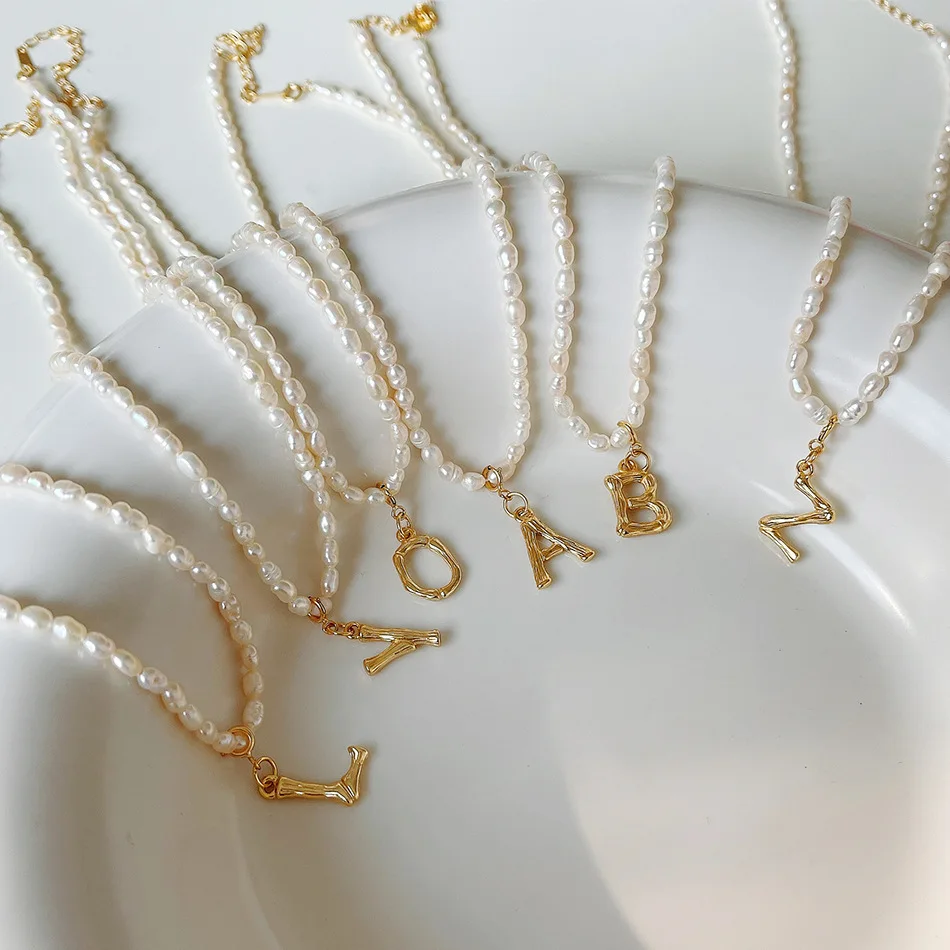 

Baroque Pearl A-Z Initial Alphabet Letter Necklaces Twisted Bamboo Natural Freshwater Pearl Necklace Sterling Silver 925 Jewelry, Gold