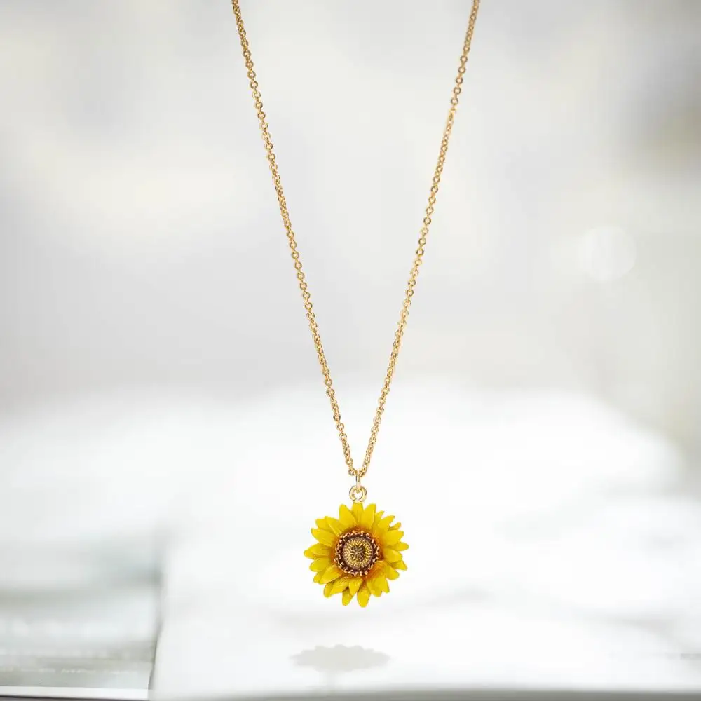 

Delicate 14k Real Gold Fine Chain Enamel Sunflower Pendant Classic Necklaces
