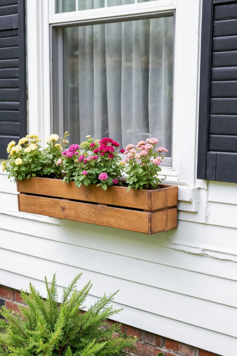 A rustic wood window box filled with basil, thyme, and mint plants