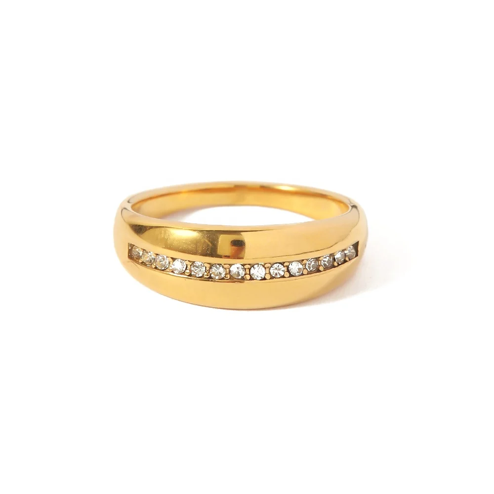 

Smooth Thick Shiny Cubic Zircon Pave 18K Gold Plated Stainless Steel Rings Ins Popular Style
