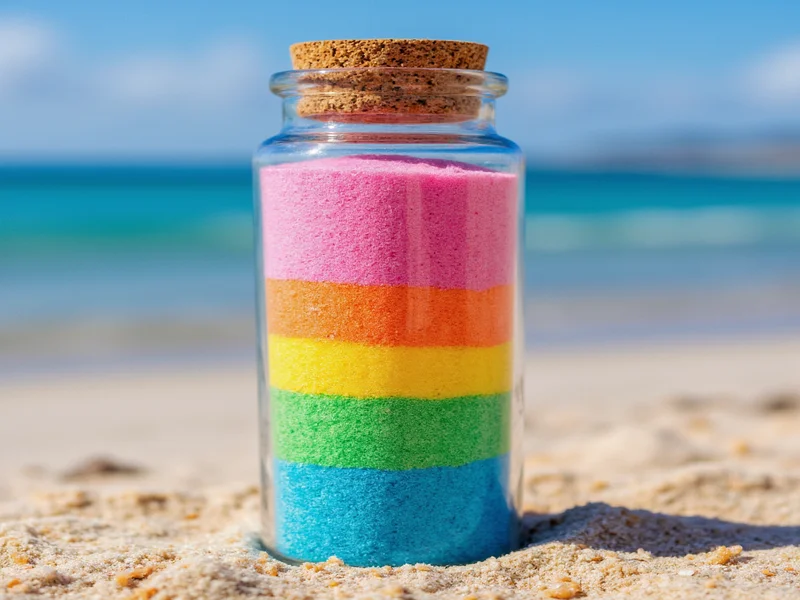 Colorful sand layers in glass bottle showing beach scene