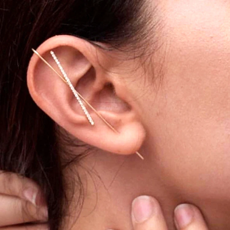 

Geometric gold long brass crystal pin ear cuff earrings wrap women, Picture