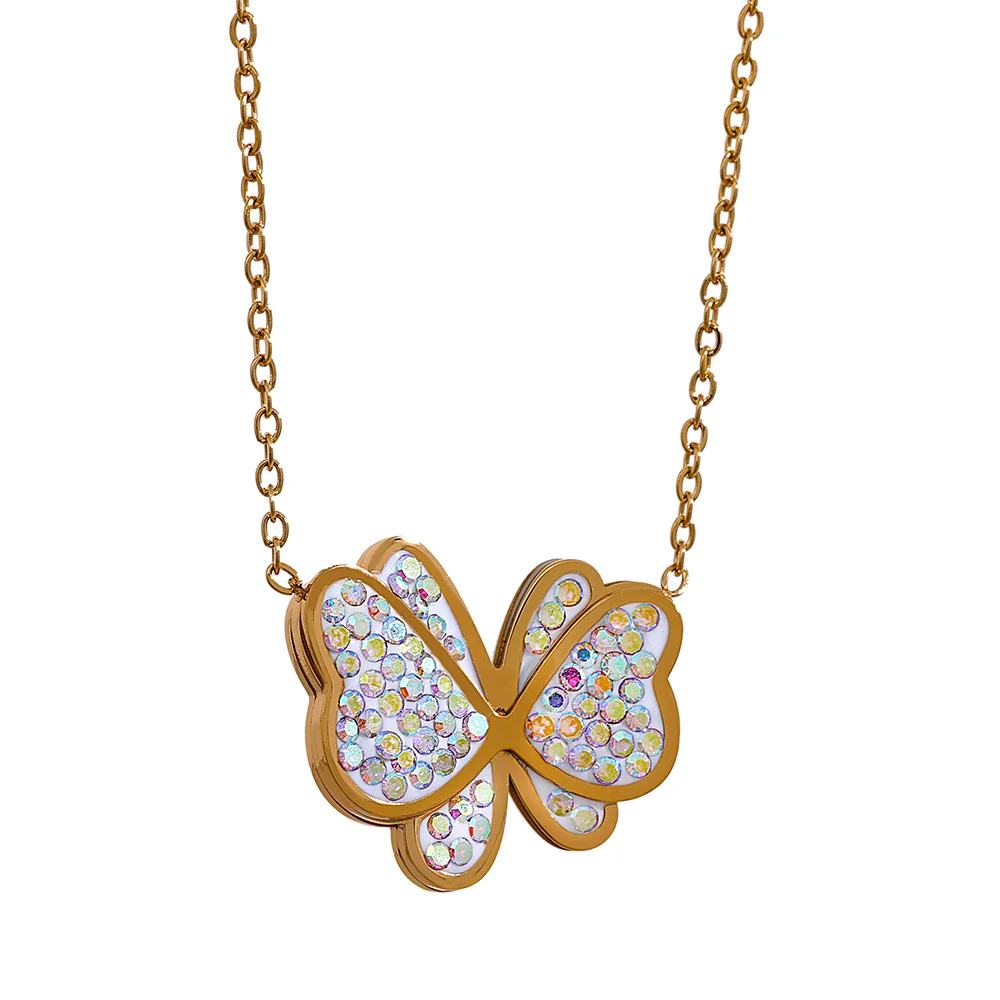 

JINYOU 1407 Exquisite AB Colorful Cubic Zirconia Butterfly Pendant Stainless Steel Collar Necklace for Women Trendy Jewelry