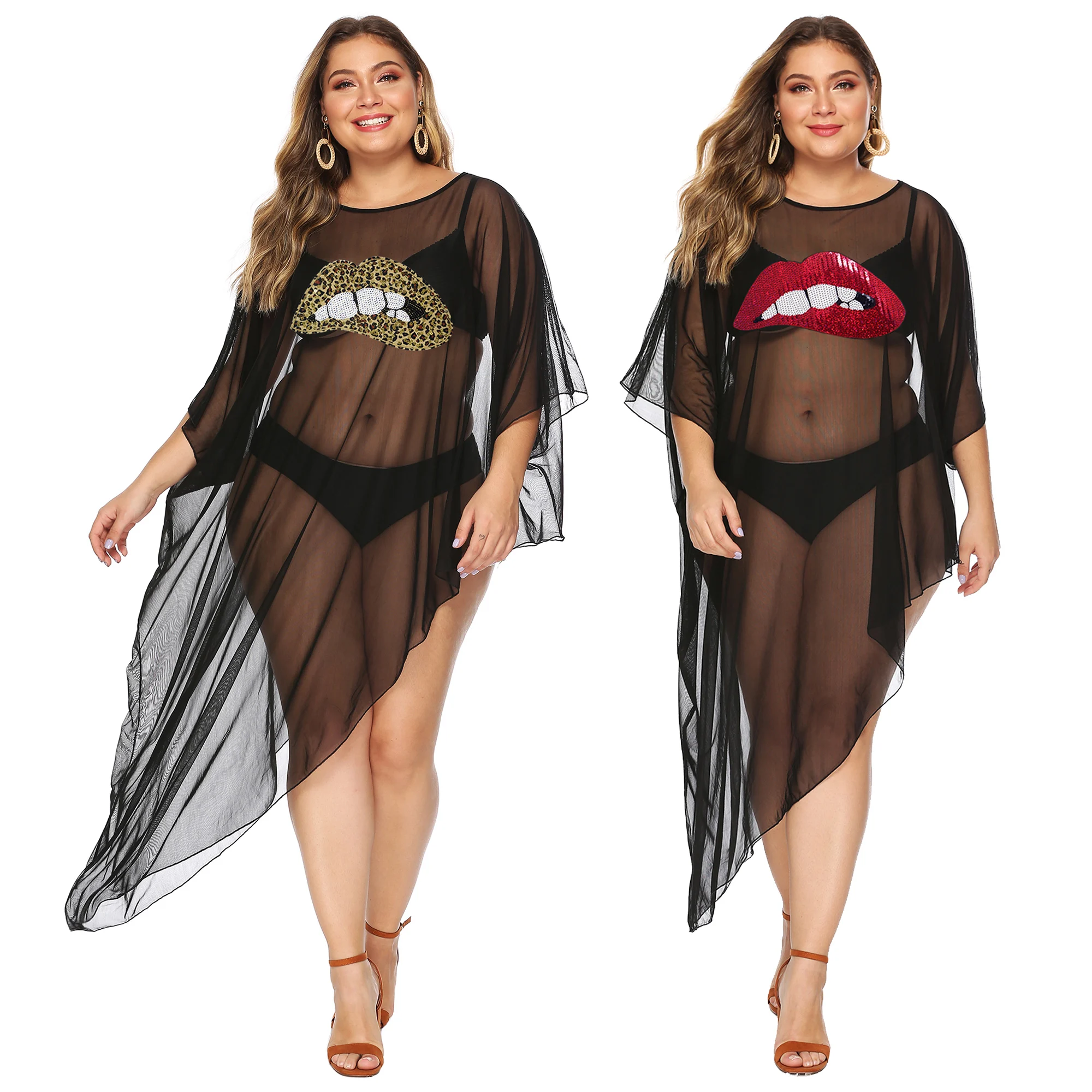 

Plus Size Woman Mesh Transparent Beach Bikini Sexy Bathing Suit Cover Ups Dress