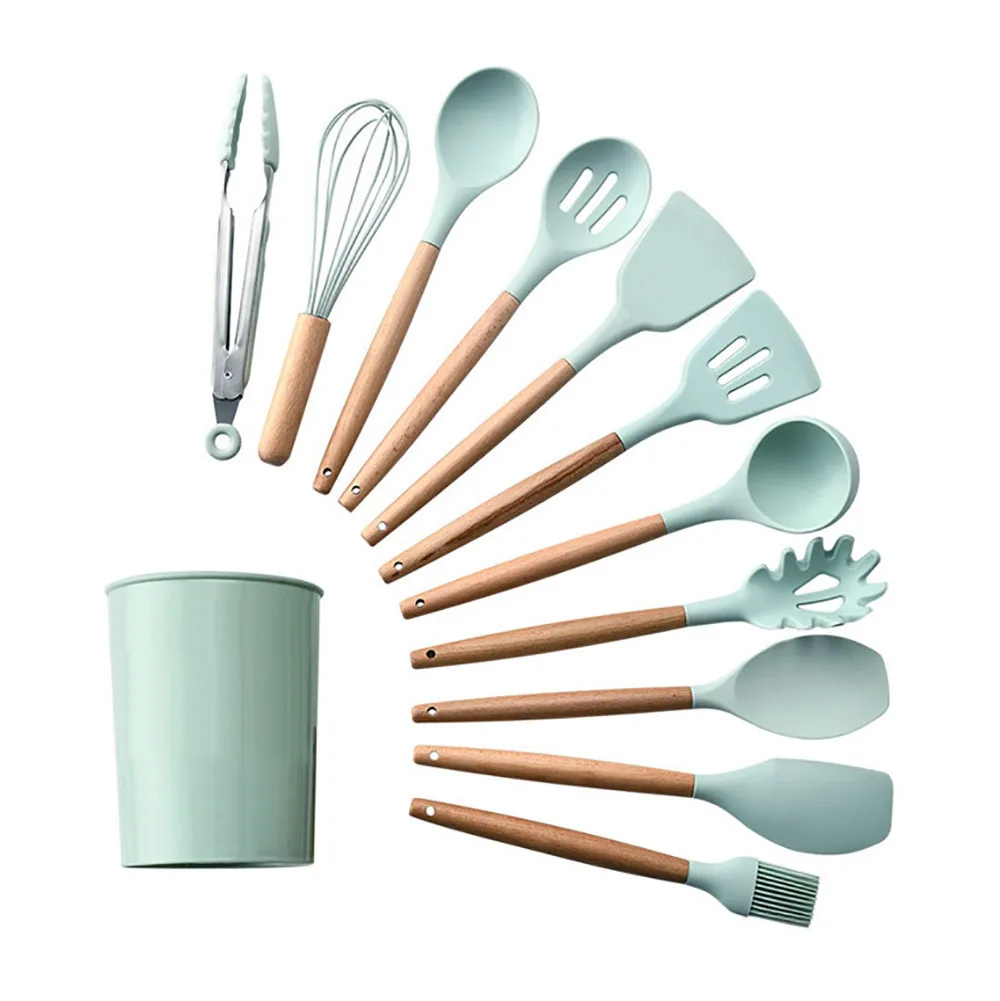 

Wholesale Reusable Kitchenware Silicon Kitchen ware Set With Wooden Handles Cooking Tool Nordic style, Customized