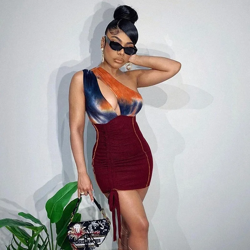 

Fashion Women 2021 Summer Beach Sexy Patchwork Color Print One Shoulder Hollow Pleated Irregular Mini Dress, Customized color