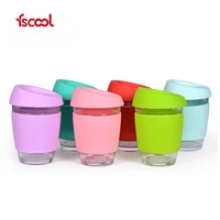 

Fscool Custom Printed Logo 12oz 8oz Travel Keep Glass Reusable Coffee Cup Mug with Silicone Lid and Sleeve