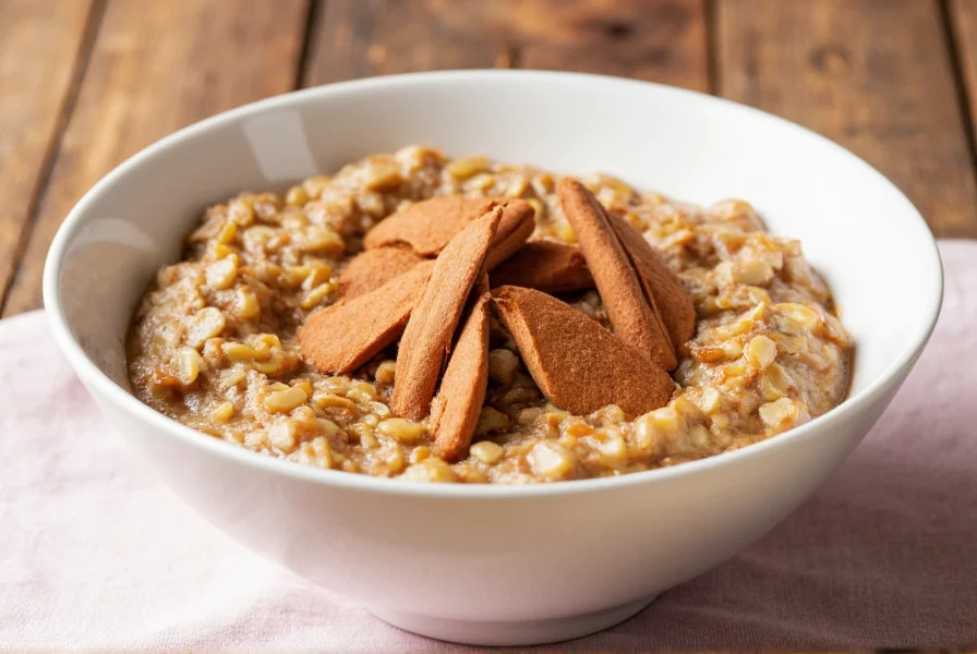Bowl of cinnamon spice oatmeal with fresh apple slices and cinnamon stick