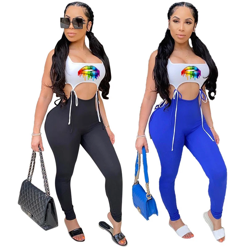 

Lip print hollow strap sexy 2021 two piece set women clothing, Picture