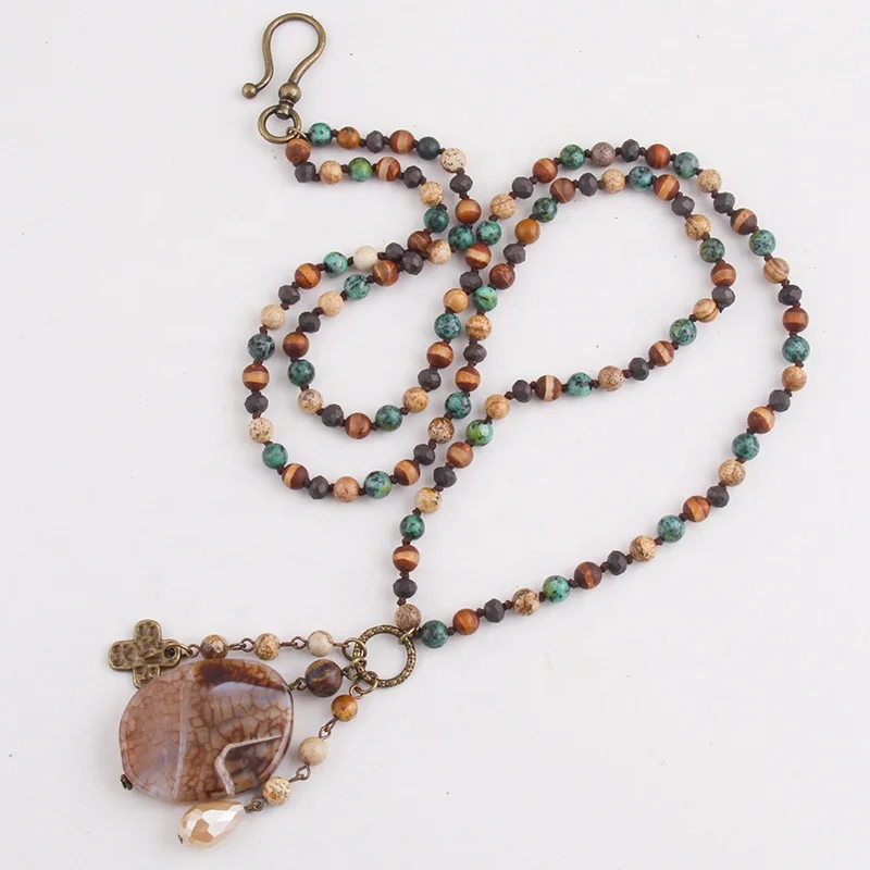 

New Bohemian Jewelry Gemstone Necklace bracelet double use Knotted Drop Natural Stones African Turquoise Cross Necklace