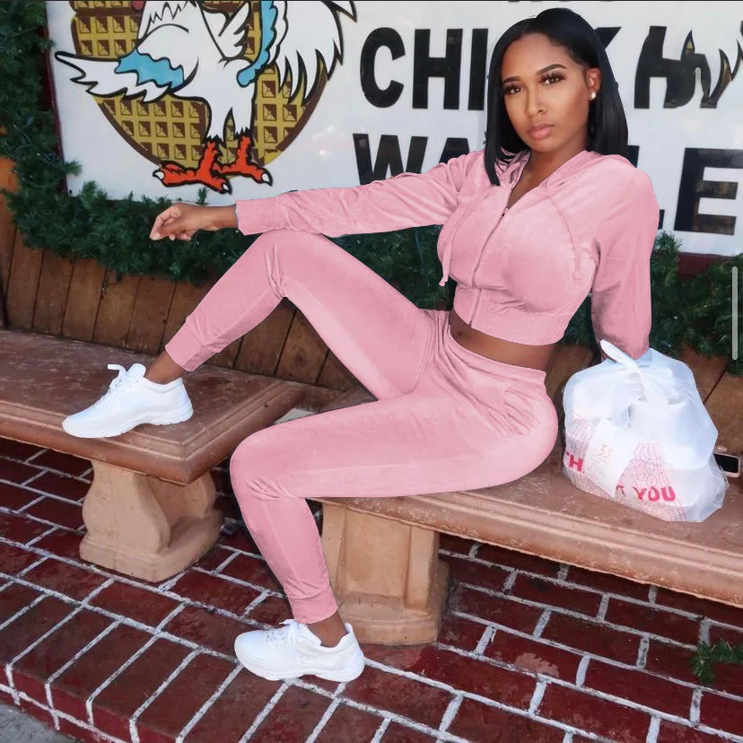 

2021 Fall Women Fashion Clothes 2 Piece Set Velour Custom Tracksuit for Women Hoodie Velvet Two Piece Set, 8 colors