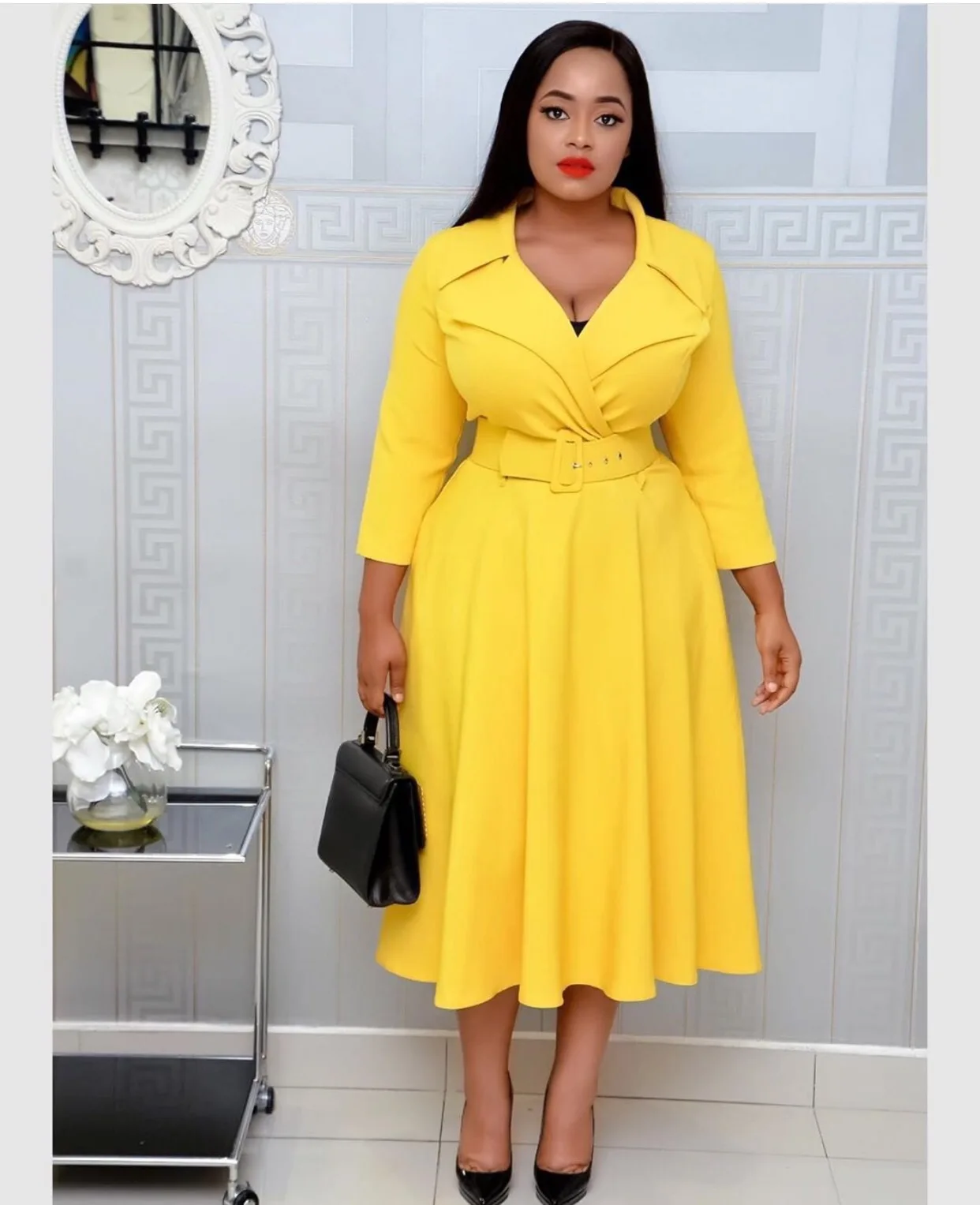 

American 2021 summer fashion women temperament big lapel three-quarter sleeves plus size african yellow elegant casual dresses, Picture color, customized color